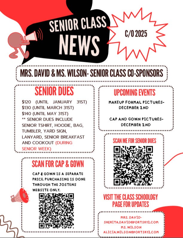 A flyer announcing class news featuring events, senior duo sponsors, and QR codes.