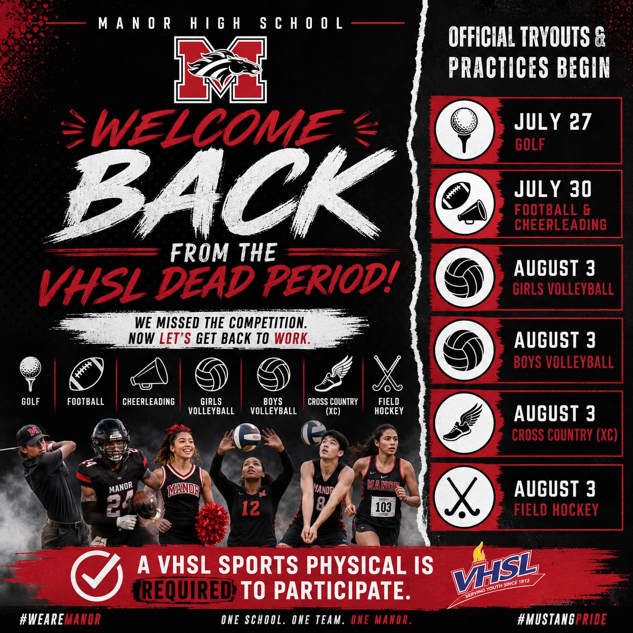 A sports poster features a group of athletes, likely cheerleaders, with the school logo. Text highlights a return to sports.