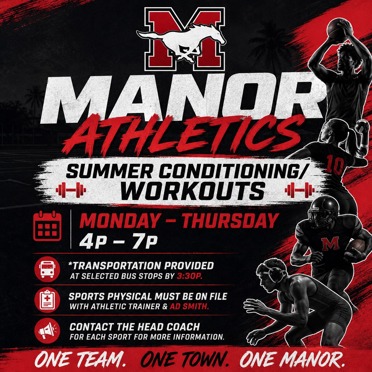 Poster features a team logo and players in various sports poses. Text highlights "Manor Athletics Summer Conditioning/Workouts" and schedule.