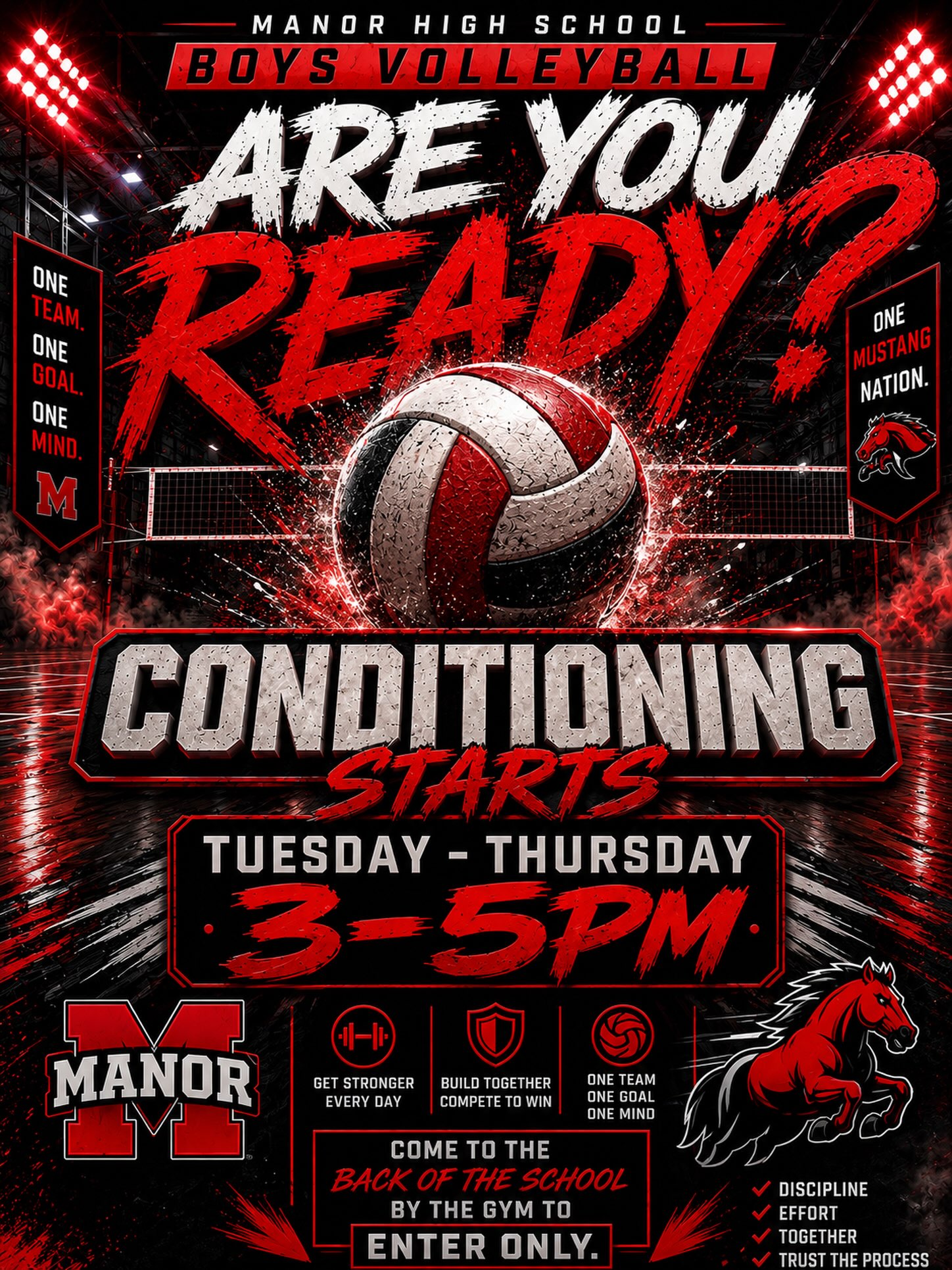 A red and black advertisement for a school volleyball conditioning event. Text reads, "Are You Ready?" It lists times and location.