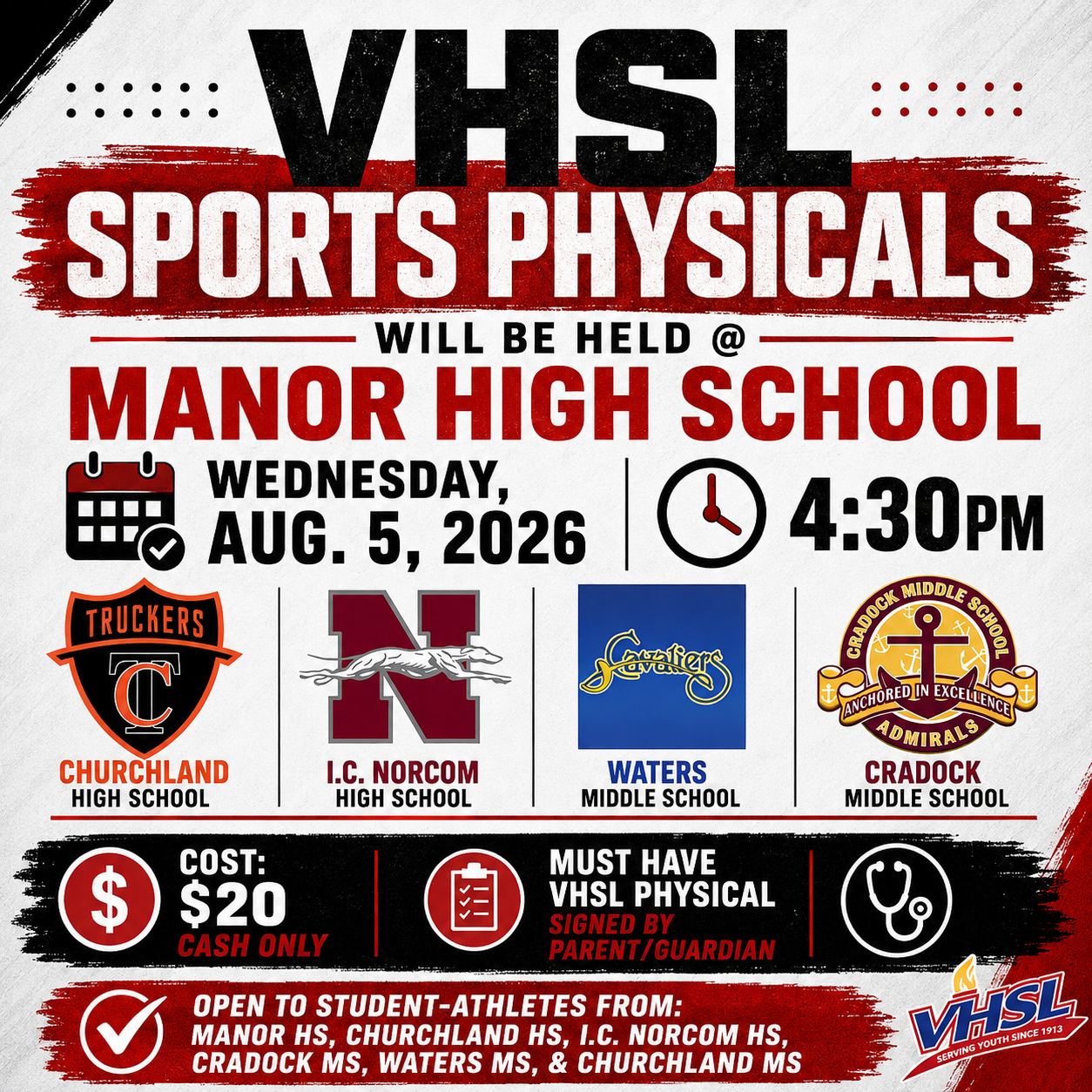 Sports physicals for VHSL athletes at Manor High School on Aug 5, 2026, at 4:30 PM. Cost: $20. Requires signed guardian consent.