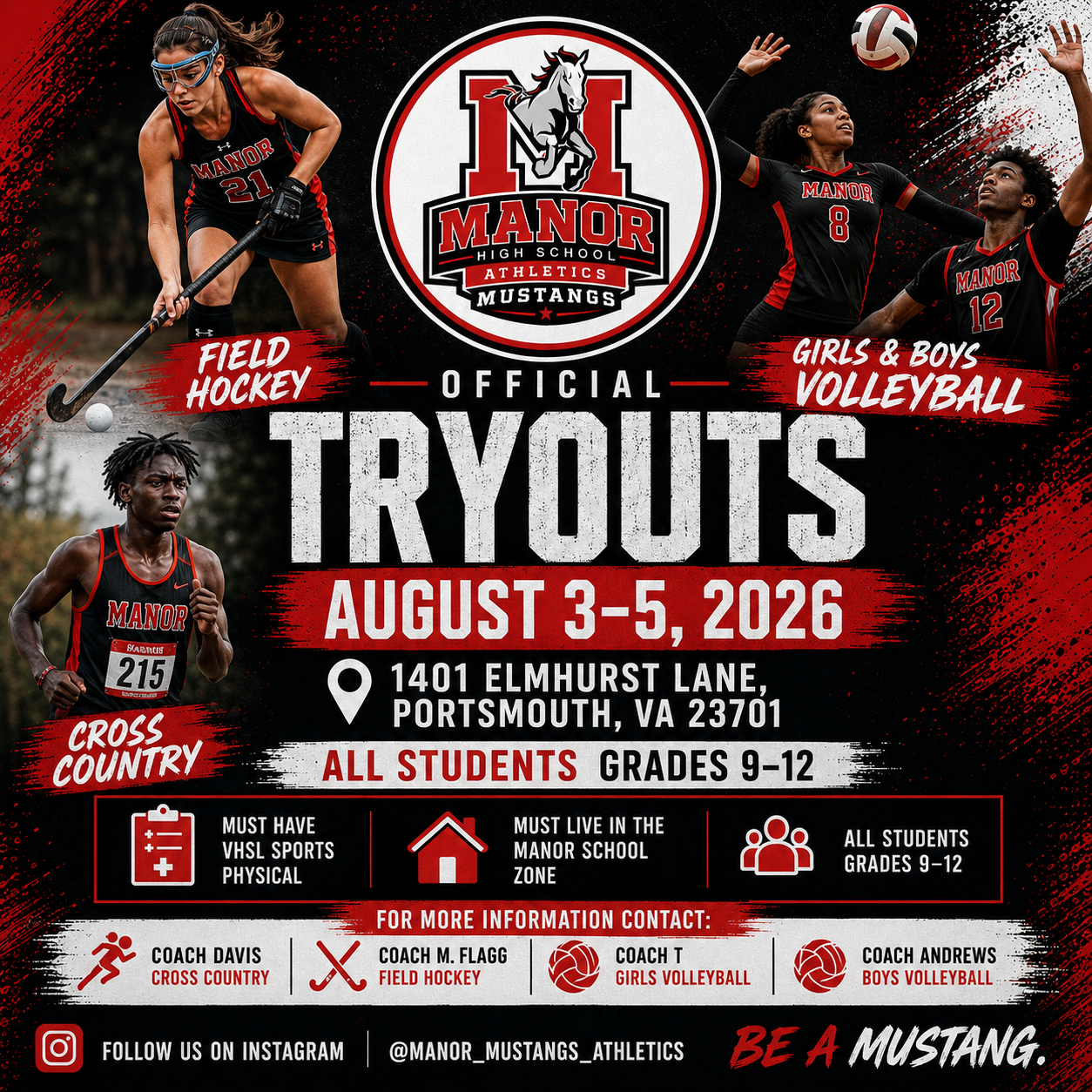 Poster for Manor High School sports tryouts on August 3-5, 2026. Includes field hockey, cross country, and volleyball.