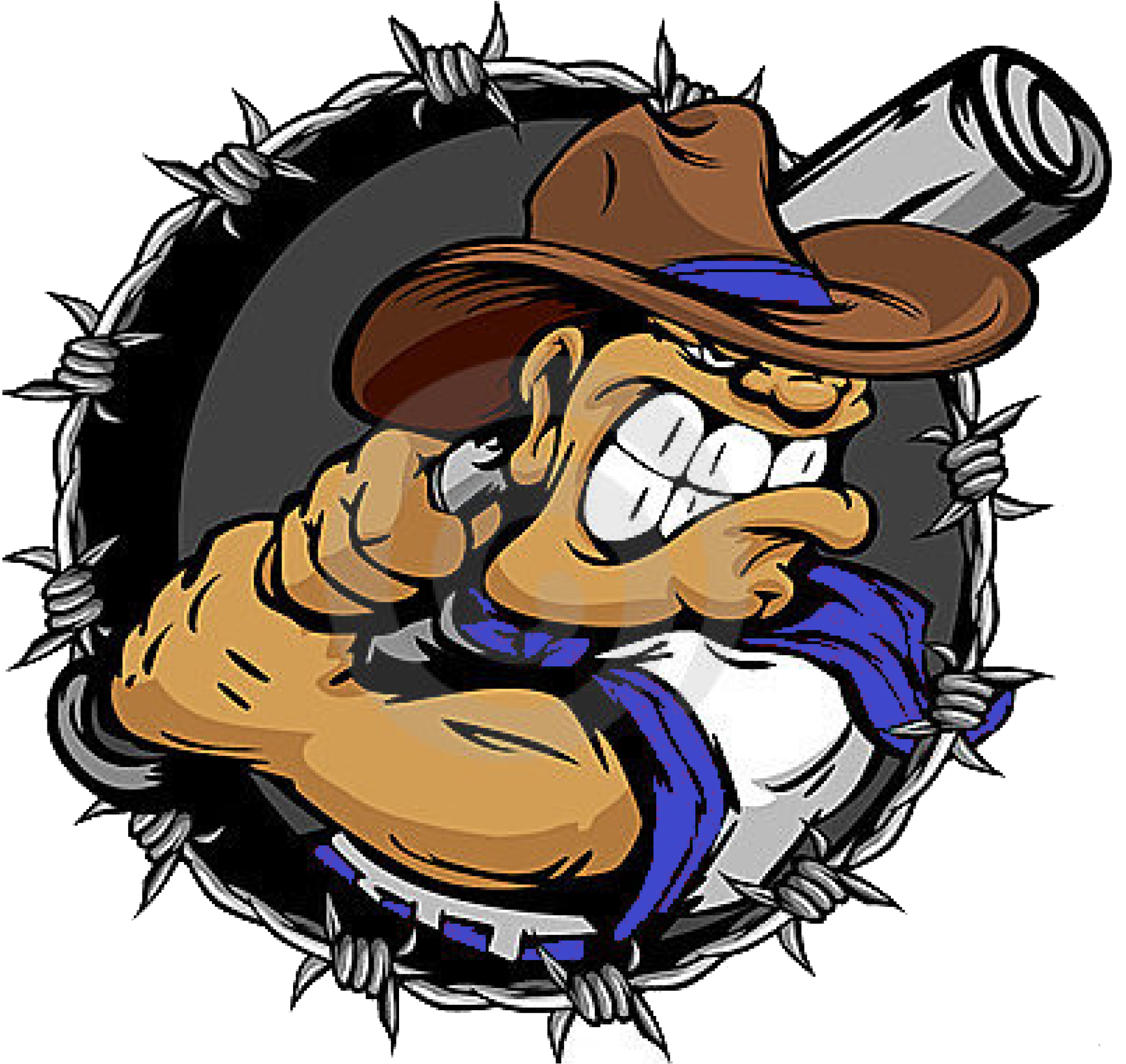 Cartoonish muscular baseball player holding a bat, representing Edna Cowboys Baseball in vibrant clipart style.