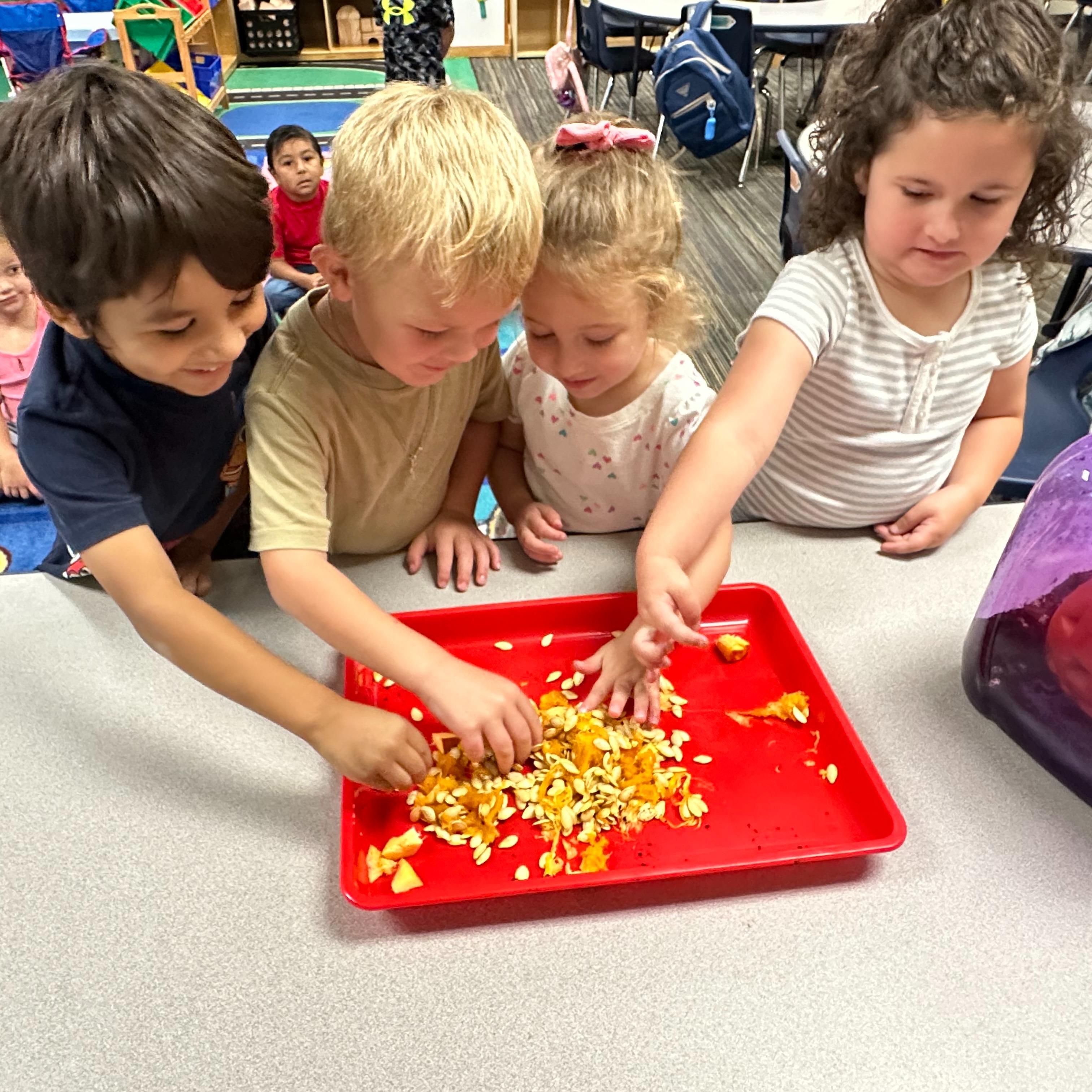 Kids grabbing pumpkin seeds