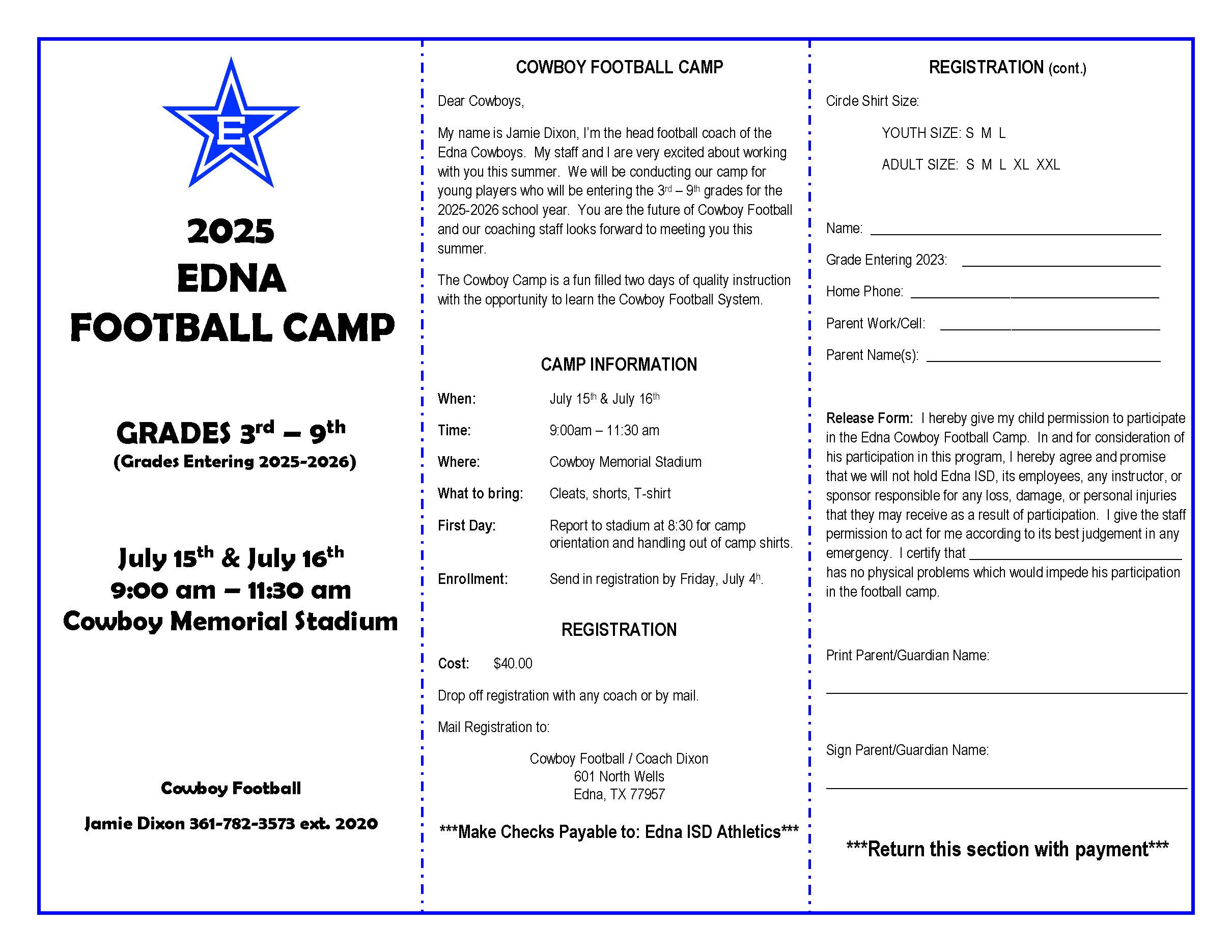 π Future Cowboys, itβs your time! Join Coach Dixon & the Edna staff for Cowboy Football Camp β July 15β16 at Cowboy Memorial Stadium! 3rdβ9th graders welcome πͺ 9β11:30AM | $40 | Register by July 4! DM us or contact a coach to sign up!