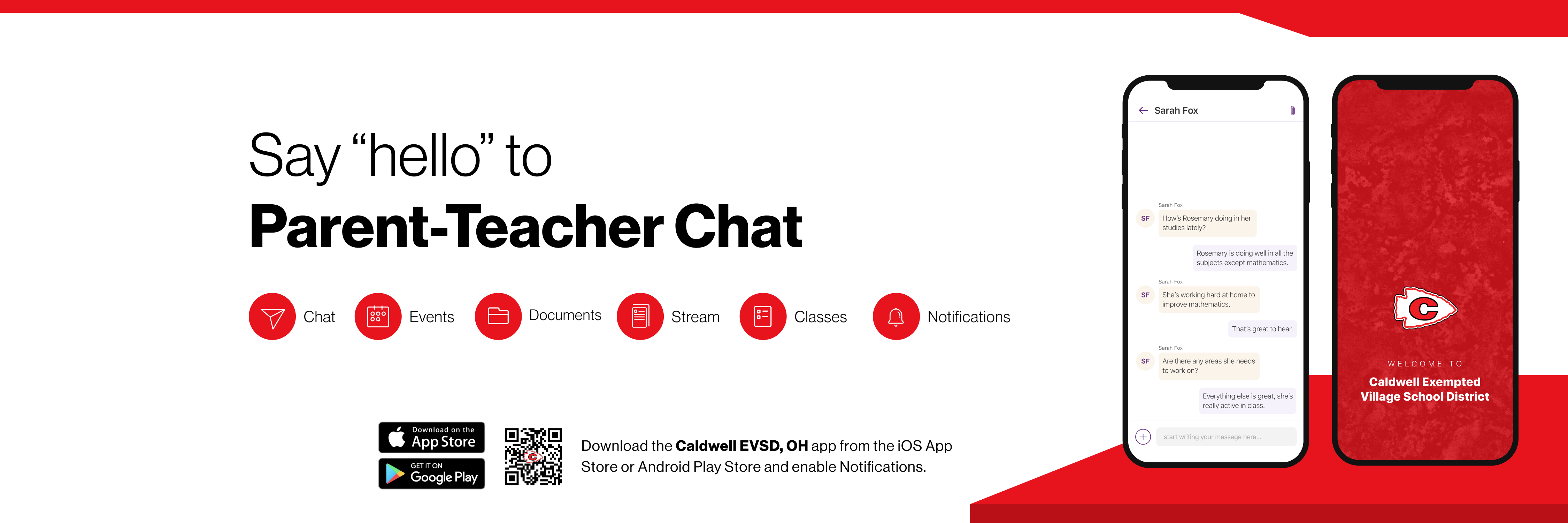 Say hello to Parent-Teacher chat in the new Rooms app. Download the Caldwell Exempted Village School District app in the Google Play or Apple App store.
