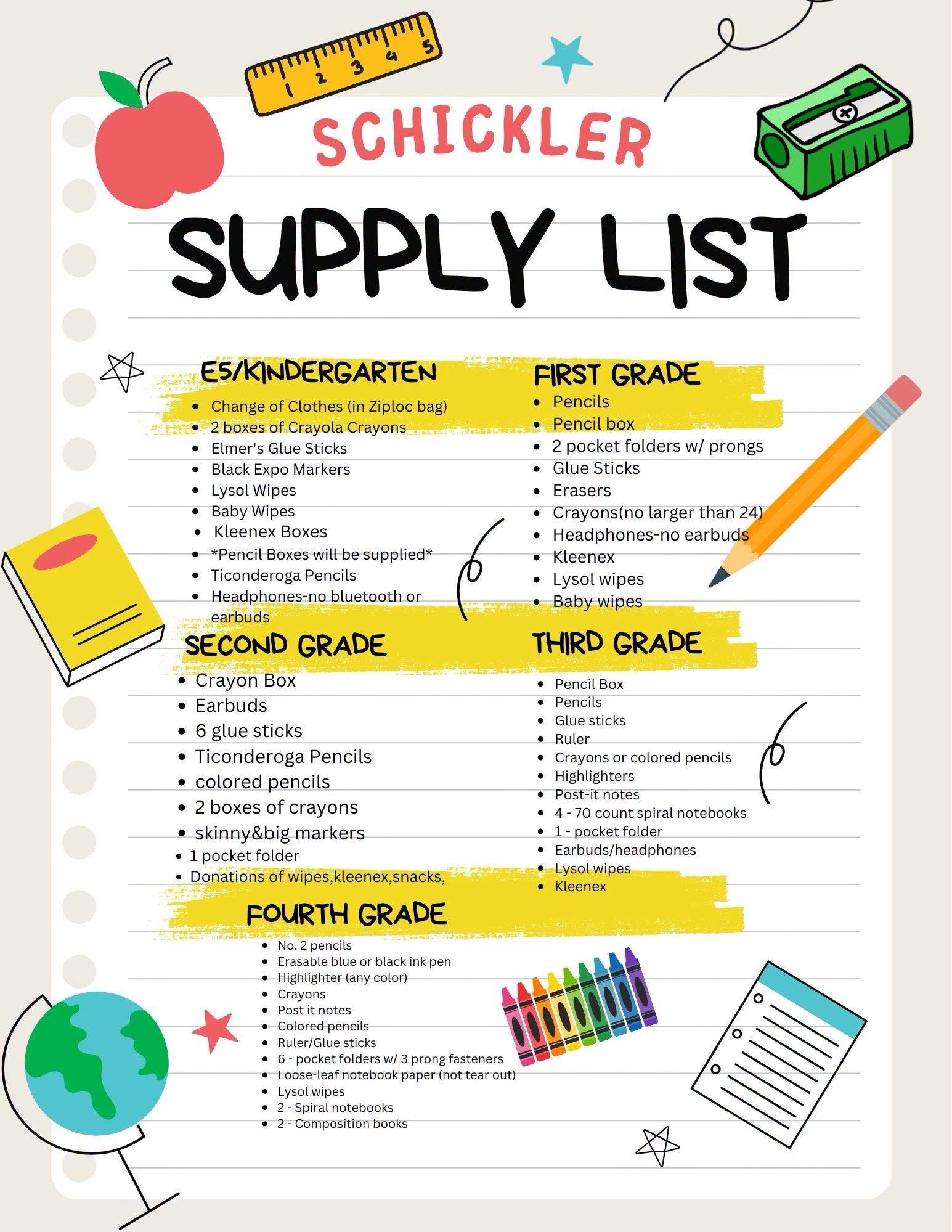 List of student supplies needed for 2026-27 at Schickler