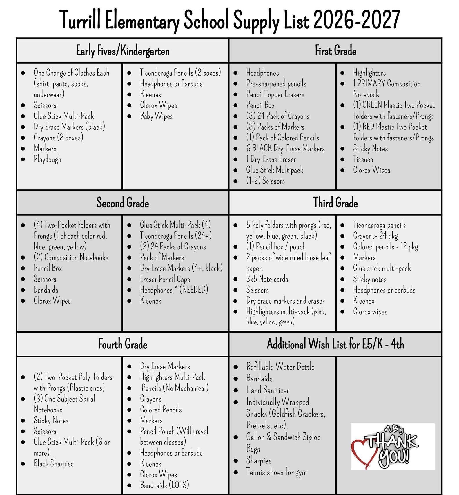 School supplies list for Turrill Elementary School