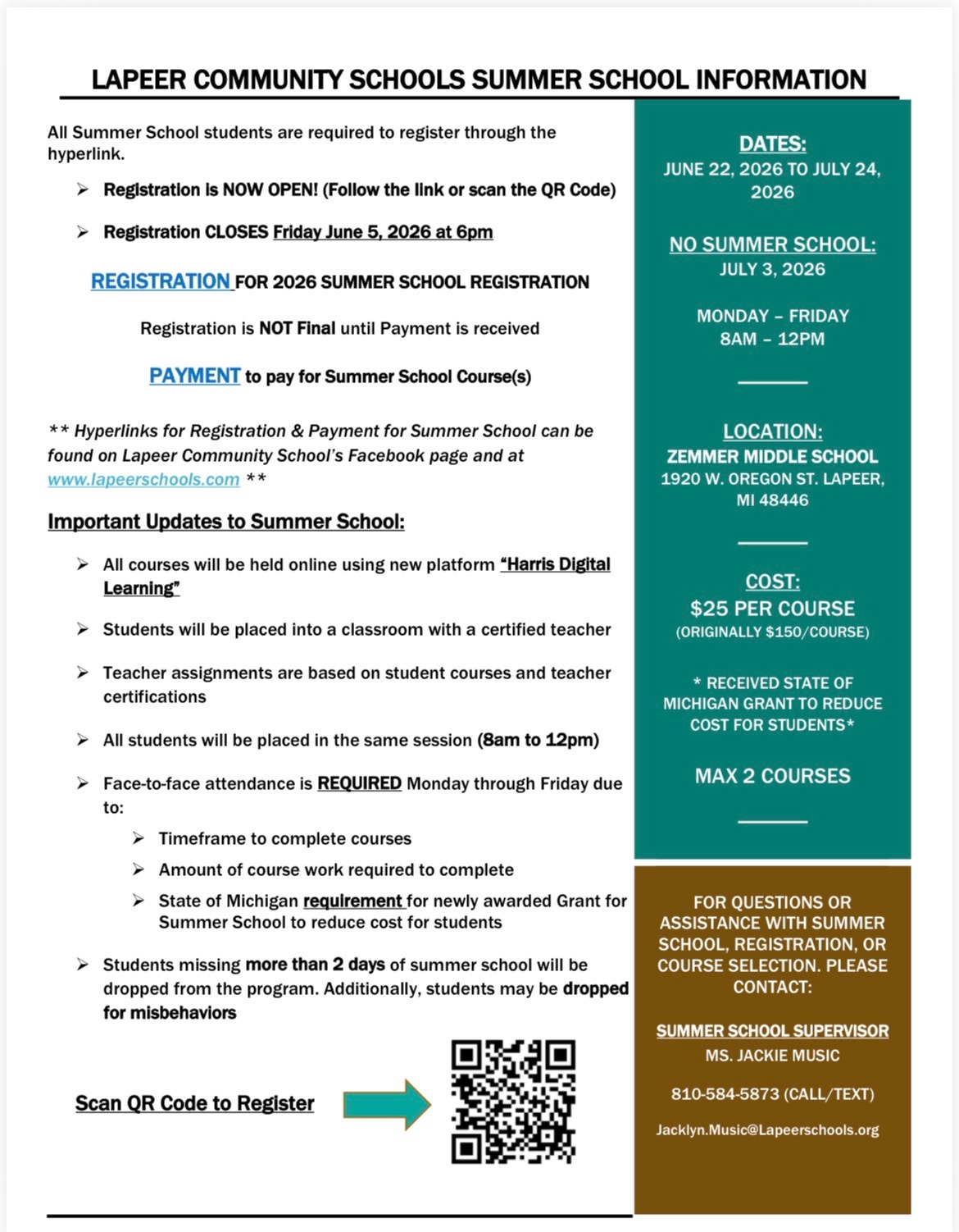 Summer School registration information
