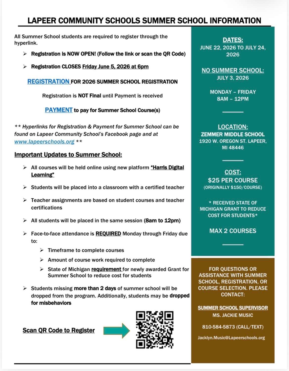 Summer School registration information