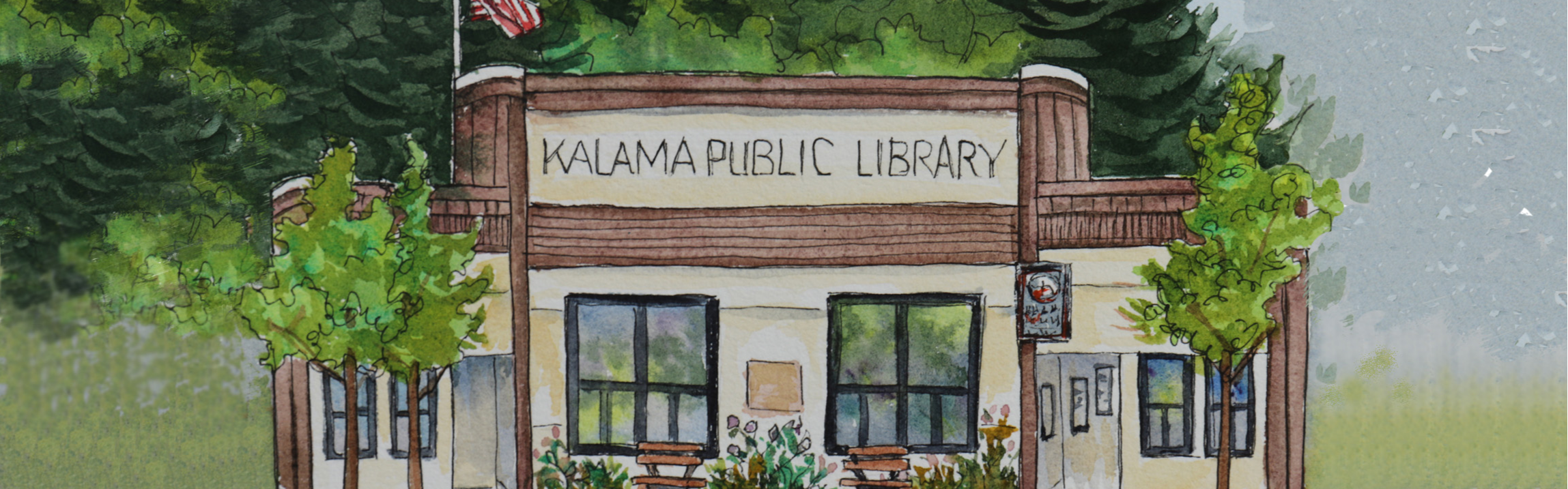 Watercolor painting of the west side of the Kalama Library by local artist Marie Wise 