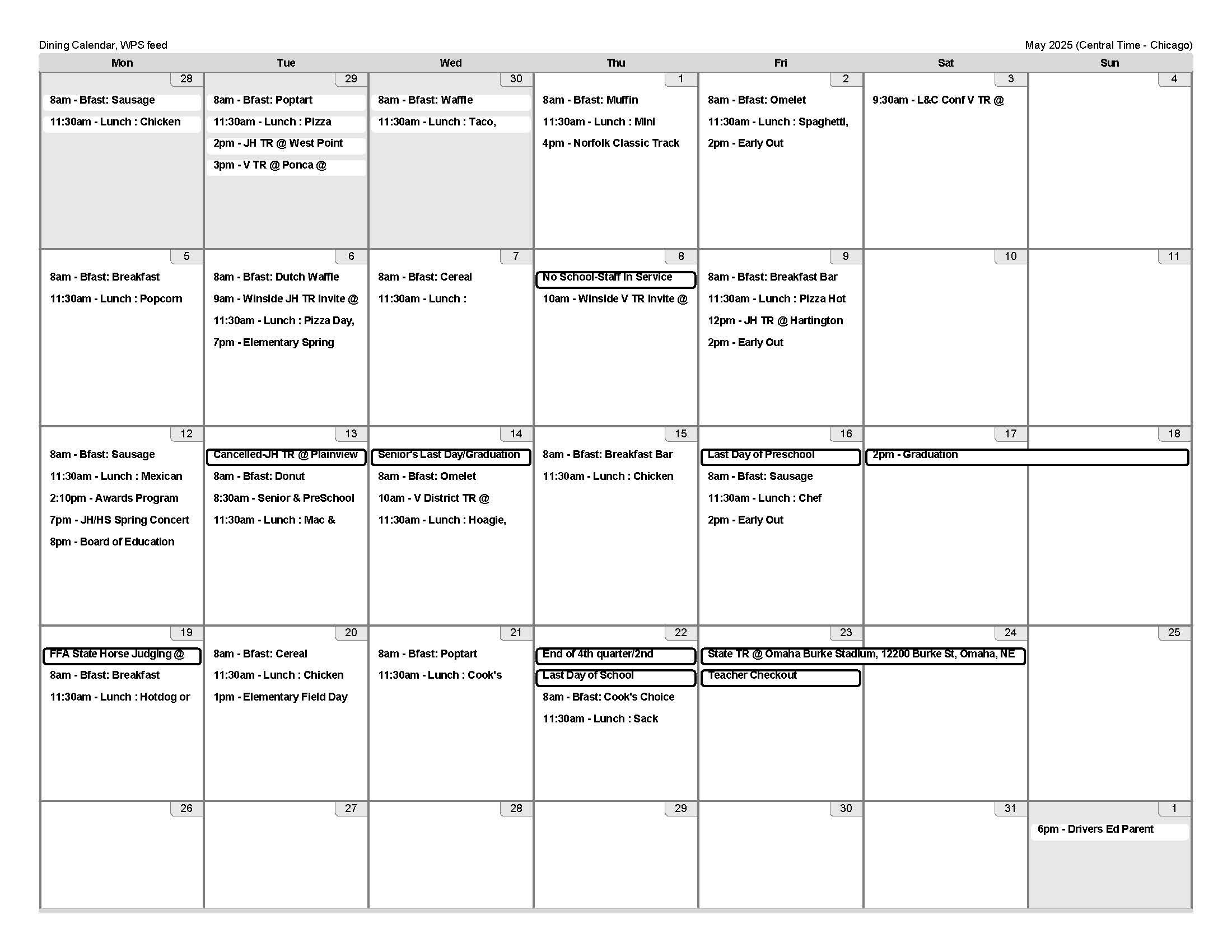 May Events/lunch Calendar