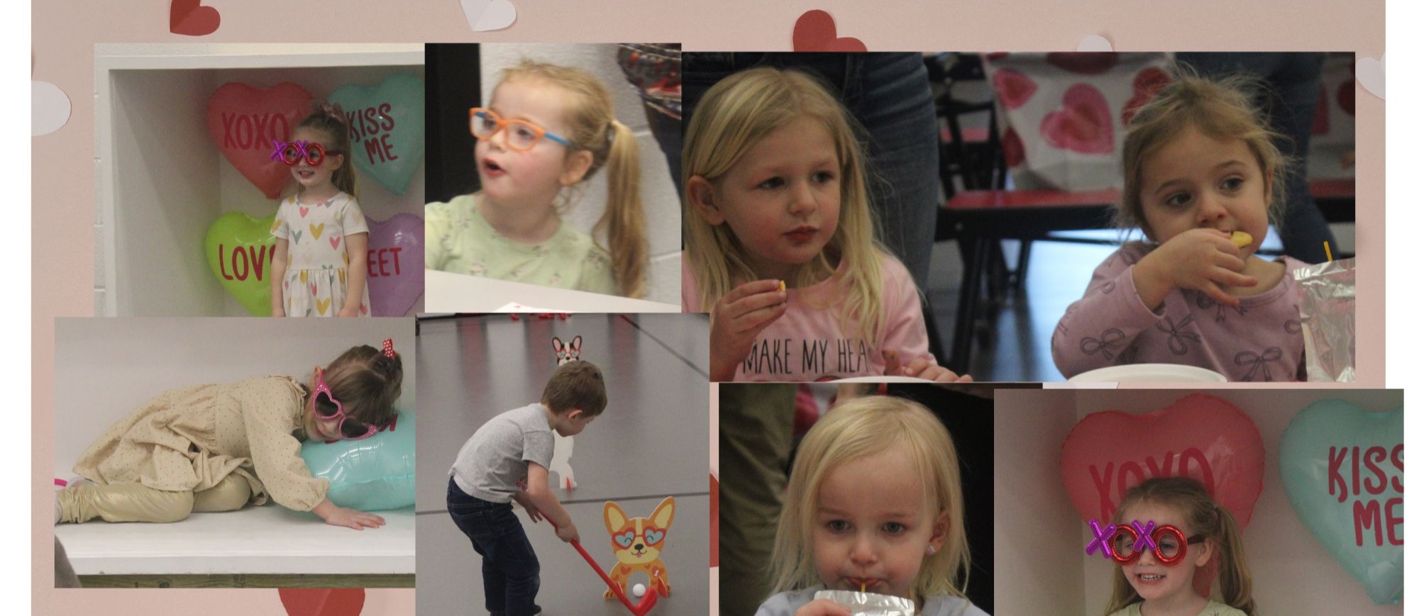 Pre-K Valentine's Day party. Various pictures of students  some eating, one playing a game and two posing for pictures