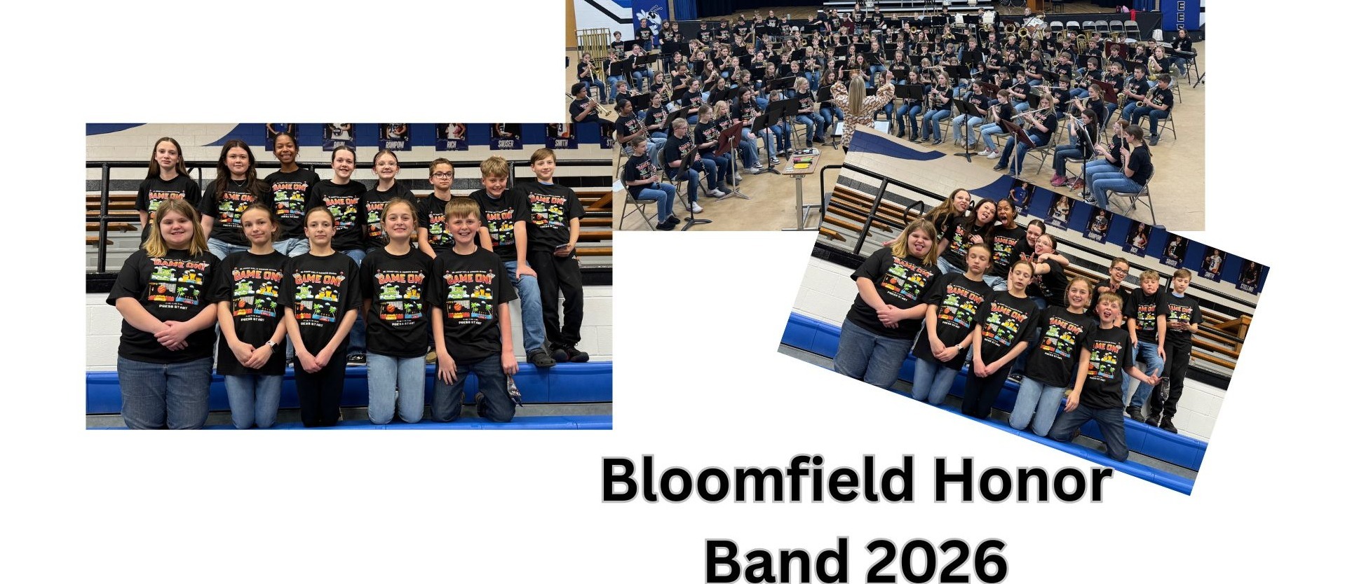 13 Winside 6th grade Students attending  the Bloomfield honor band  in a  collage with a formal picture , a picture with funny poses and a group picture of all the students attending the honor band 
