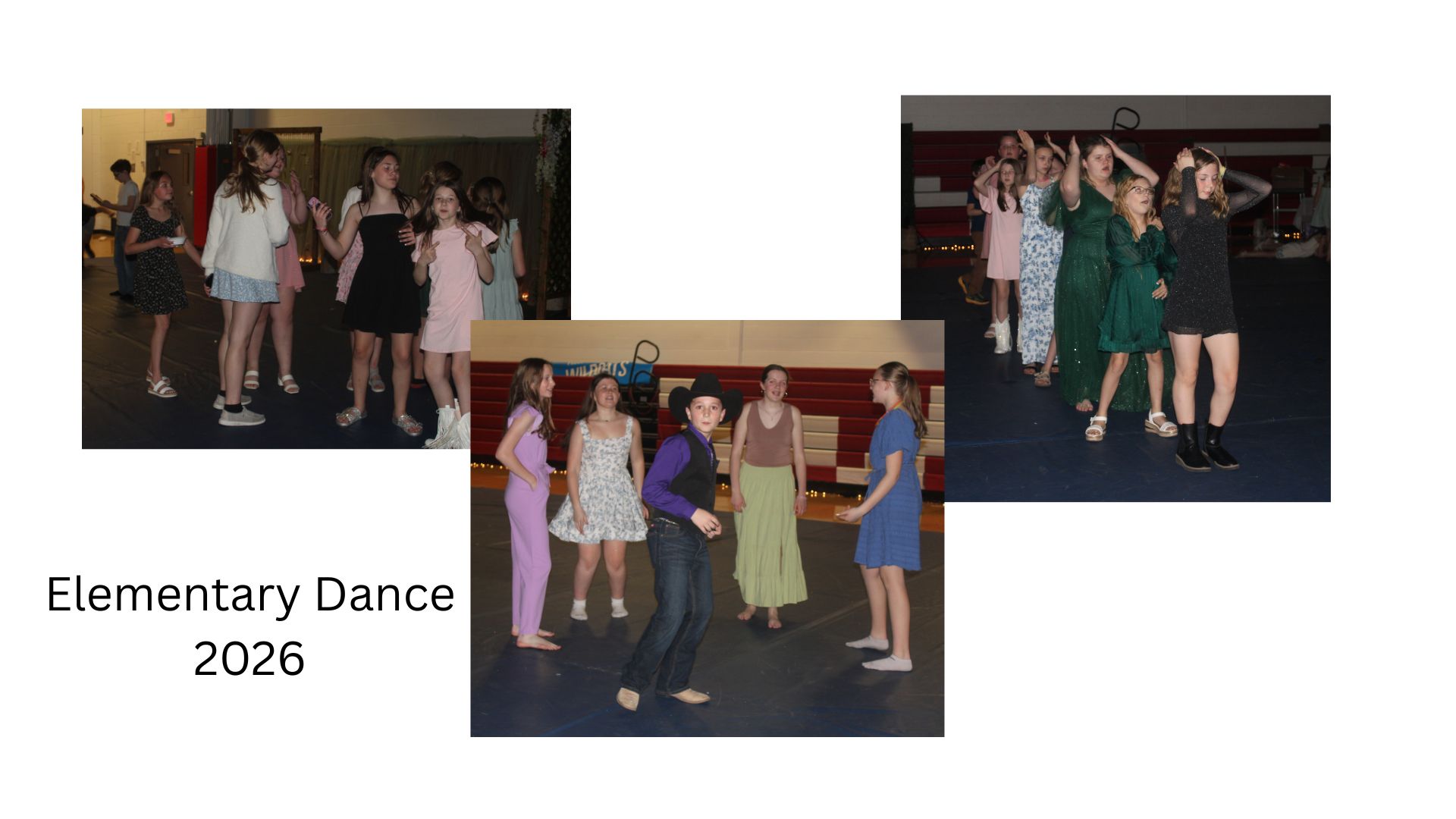 Students dancing at the Elementary Dance in 2 separate pictures