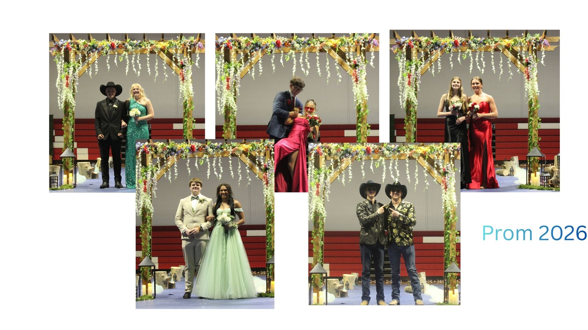 Vignettes of various students posing  as couples at Prom 2026