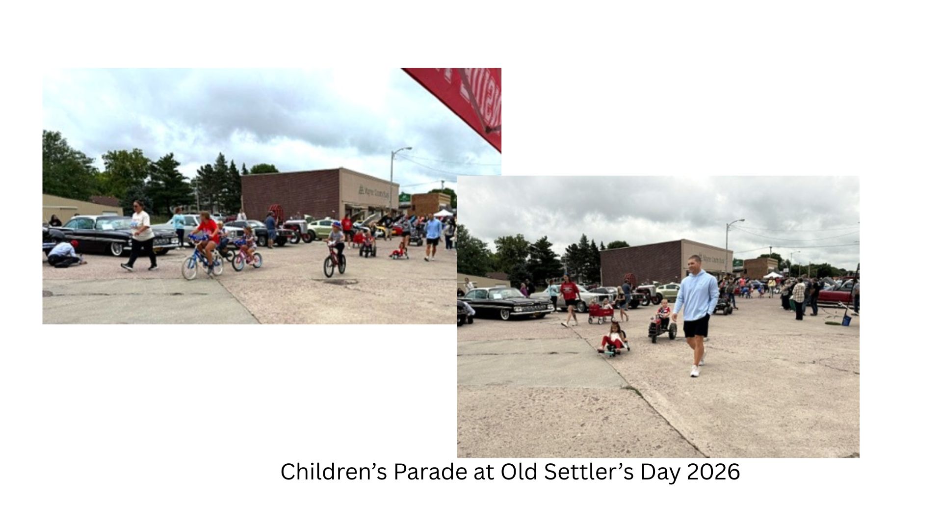Children's Parade at Old Settler's day. Several children on bikes, in strollers and motorized 4 wheel vehicles with many adults walking along with them