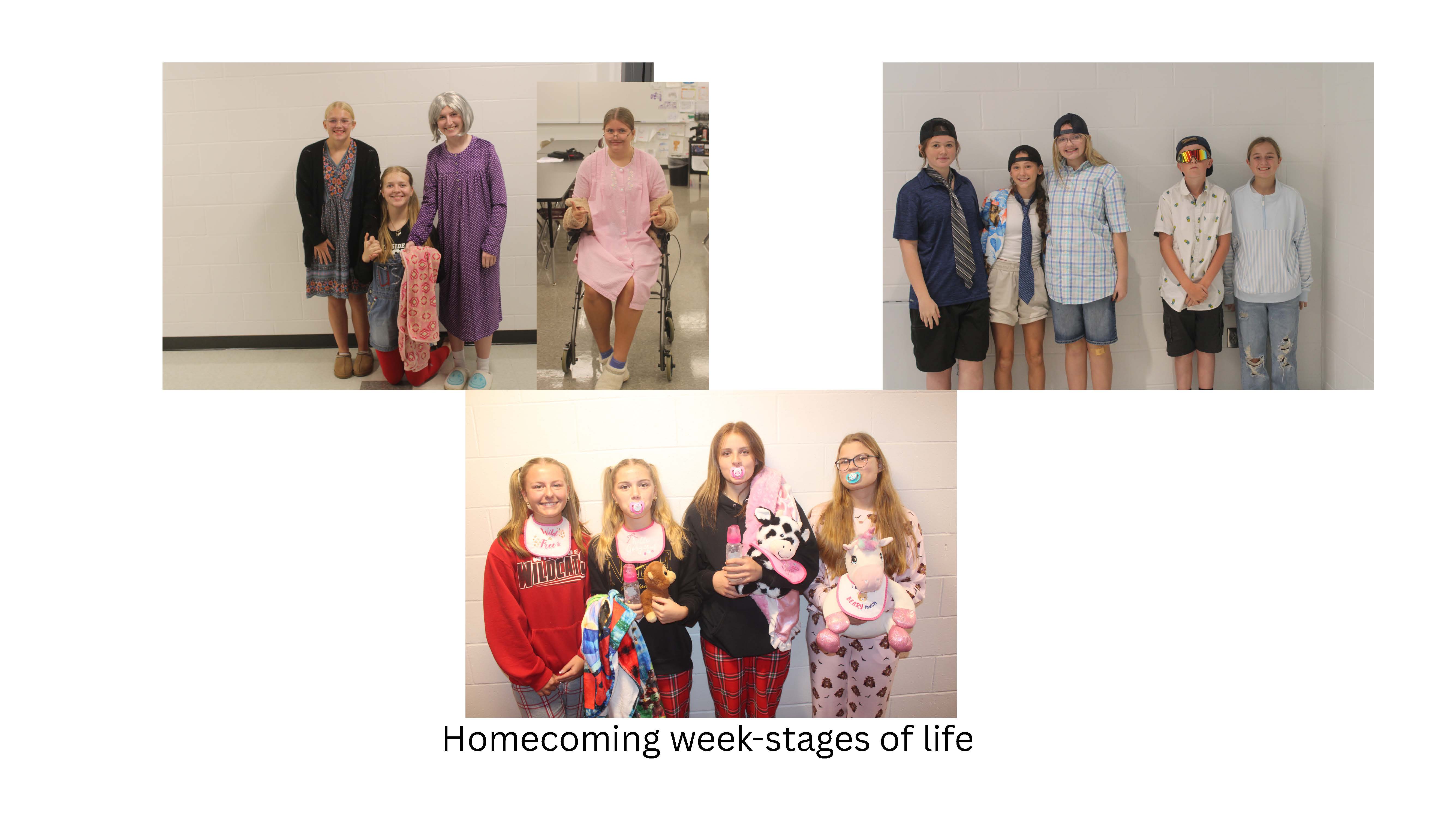 3 groups of students dressed up to represent various stages of life