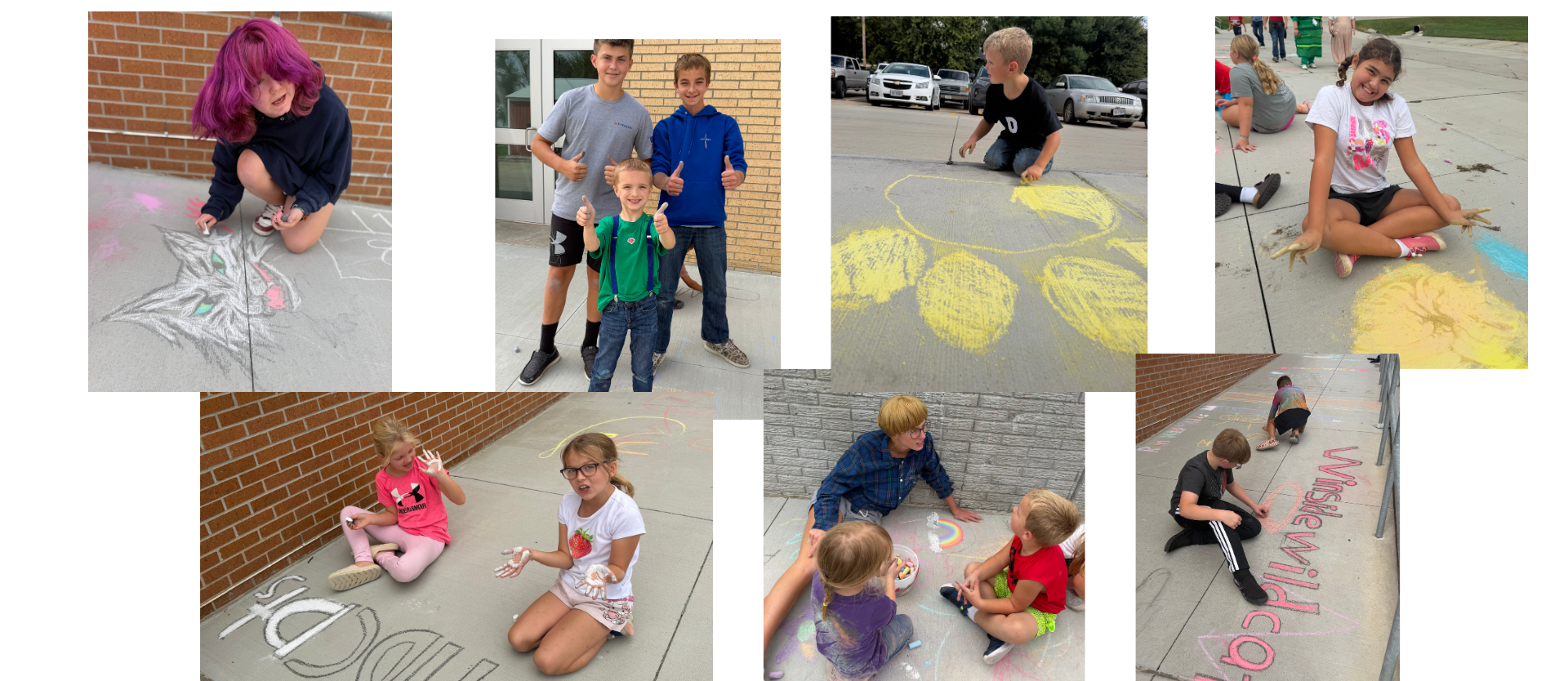 a collage of several shots of students interacting with each other and drawing with chalk on the sidewalk
