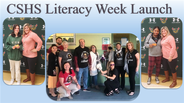 Group of students and staff celebrating the CSHS Literacy Week Launch in a school setting.