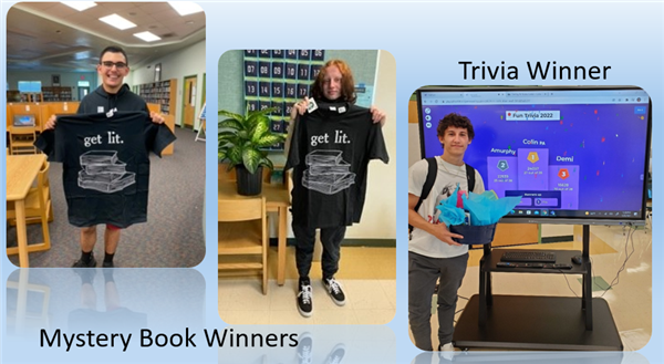 Three students are shown, two holding mystery books and one holding a trophy in front of a trivia winner screen.