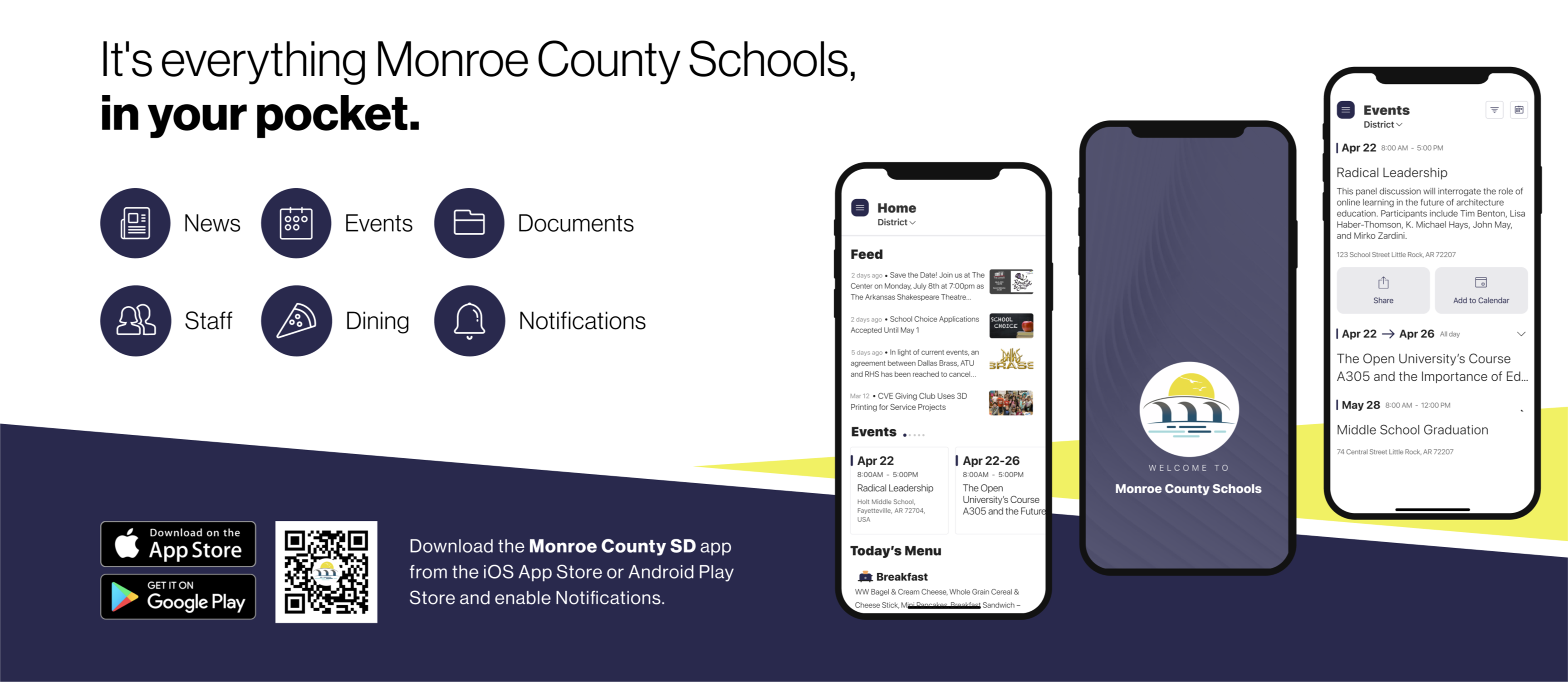 It's everything Monroe County Schools, in your pocket. Download the Monroe County SDD app from the iOS App Store or Andriod Play Store and enable Notifications