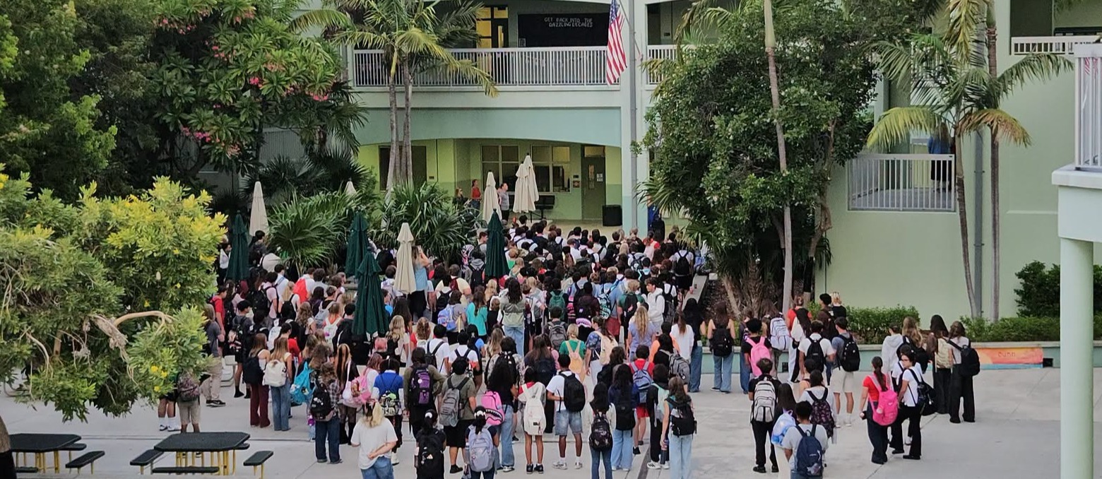Patriots Day ceremony crowd in front of the school
