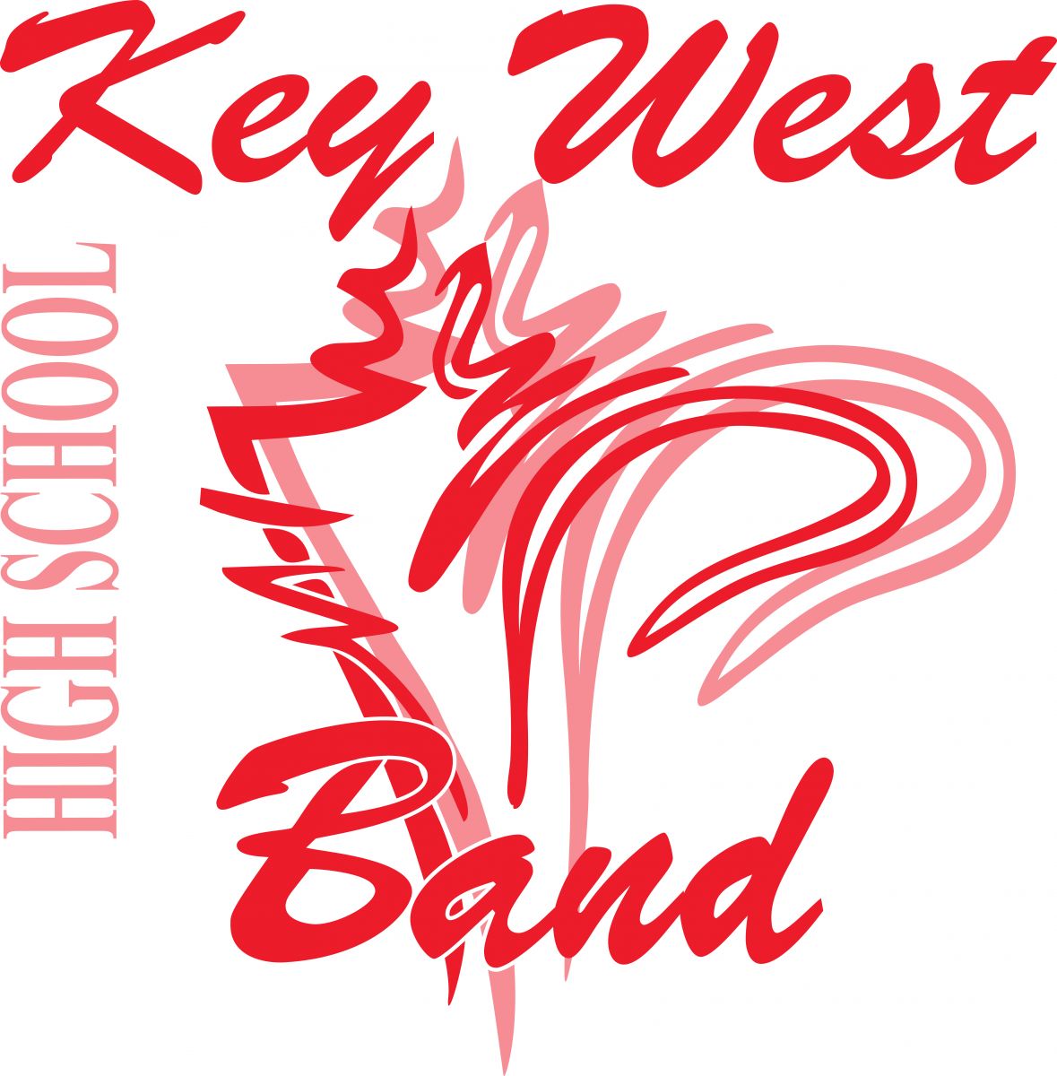 A graphic design featuring the text 'Key West High School Band' in bold red letters, accompanied by a stylized musical note design.