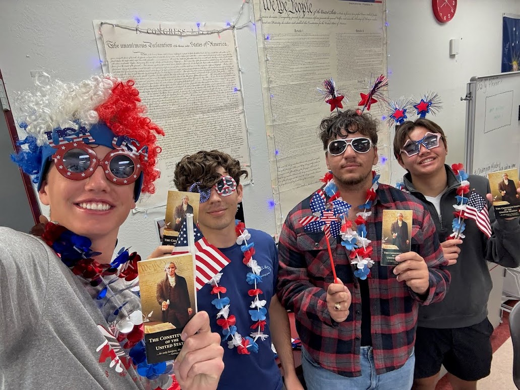 Students wearing red white and blue stuff for Constitution Day