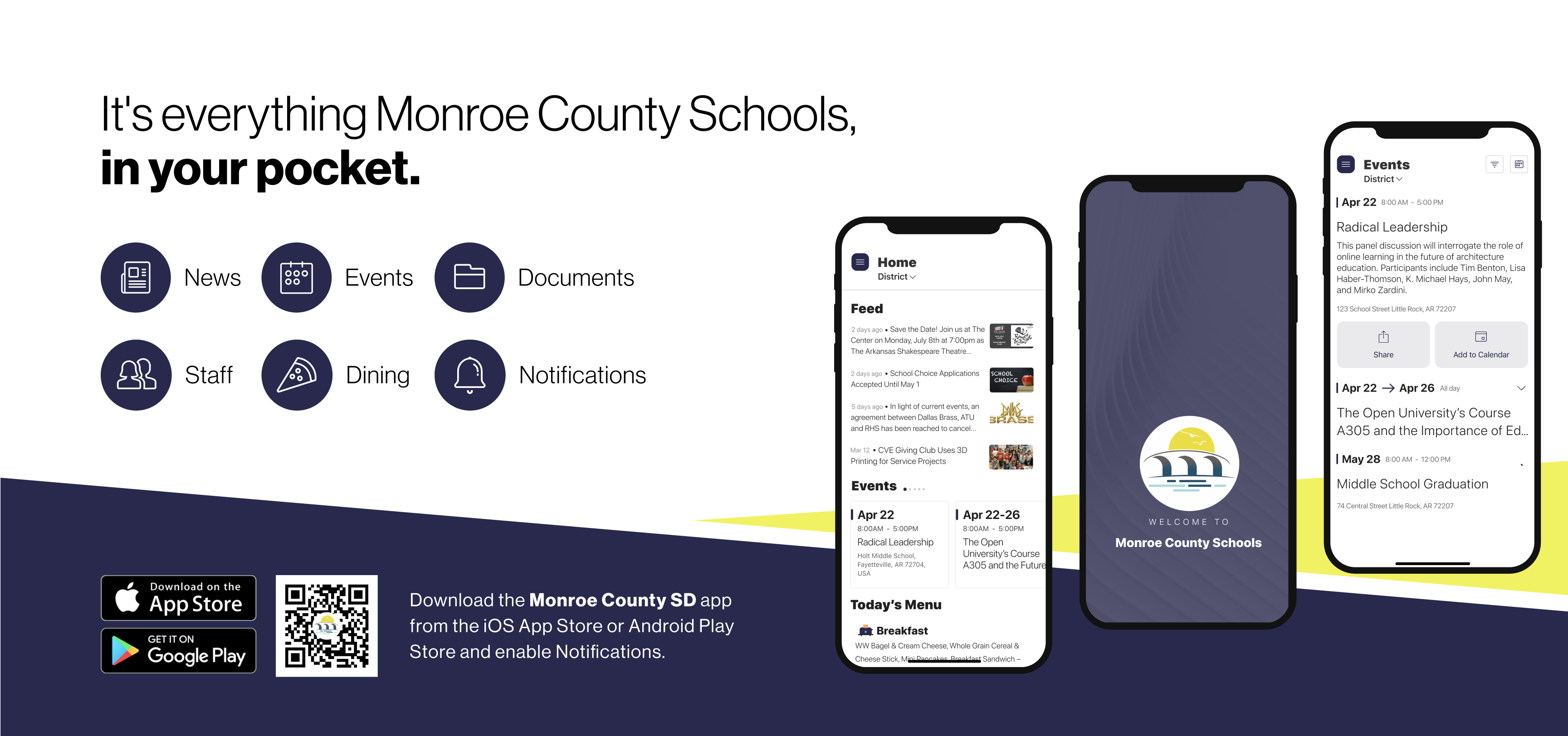 It's everything Monroe County Schools, in your pocket. Download the Monroe County SDD app from the iOS App Store or Andriod Play Store and enable Notifications