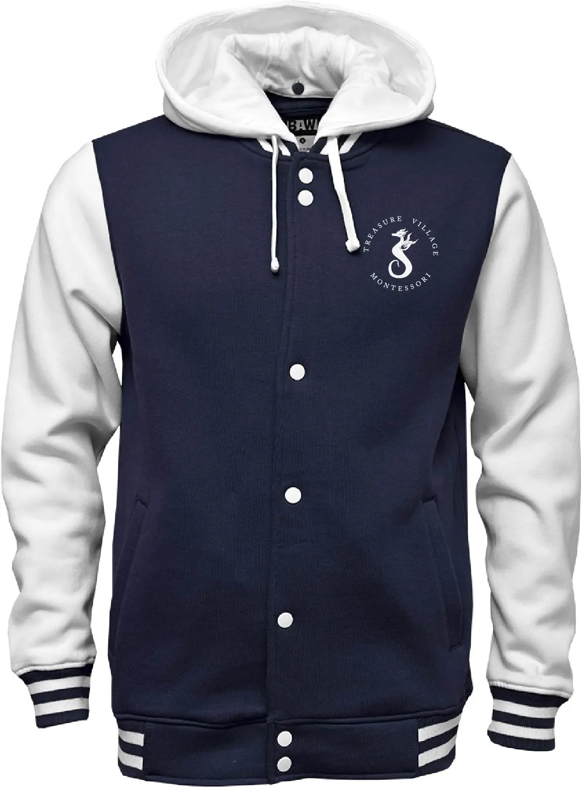 A navy blue and white hooded varsity jacket featuring a logo on the left chest and striped cuffs.