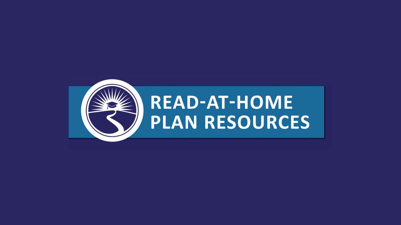 A graphic featuring the text 'READ-AT-HOME PLAN RESOURCES' on a blue background, accompanied by a circular logo depicting a sun and a river.