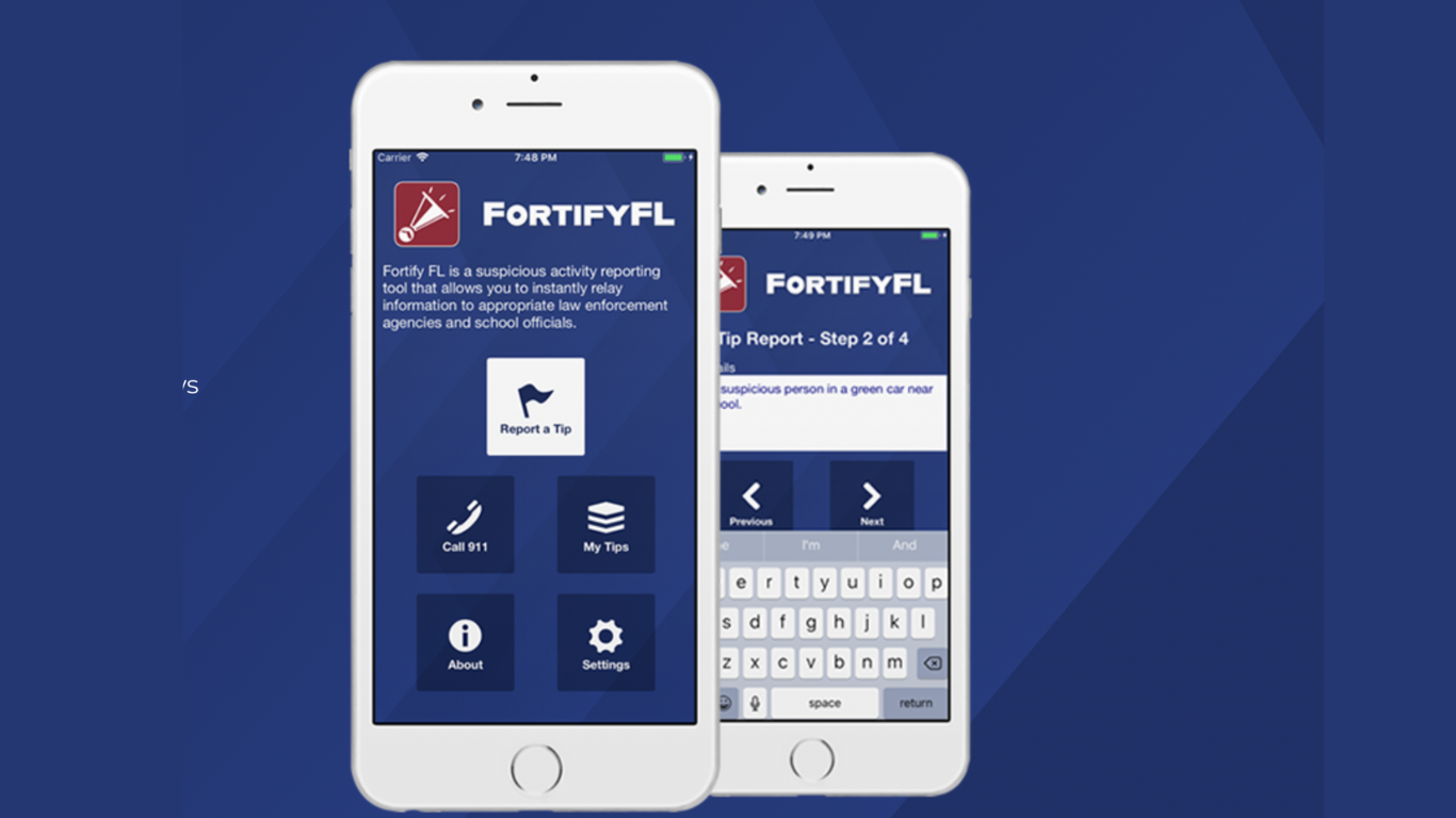 A screenshot of a mobile application interface displaying the logo of 'FORTIFYFL' along with options for reporting and a keyboard input area.