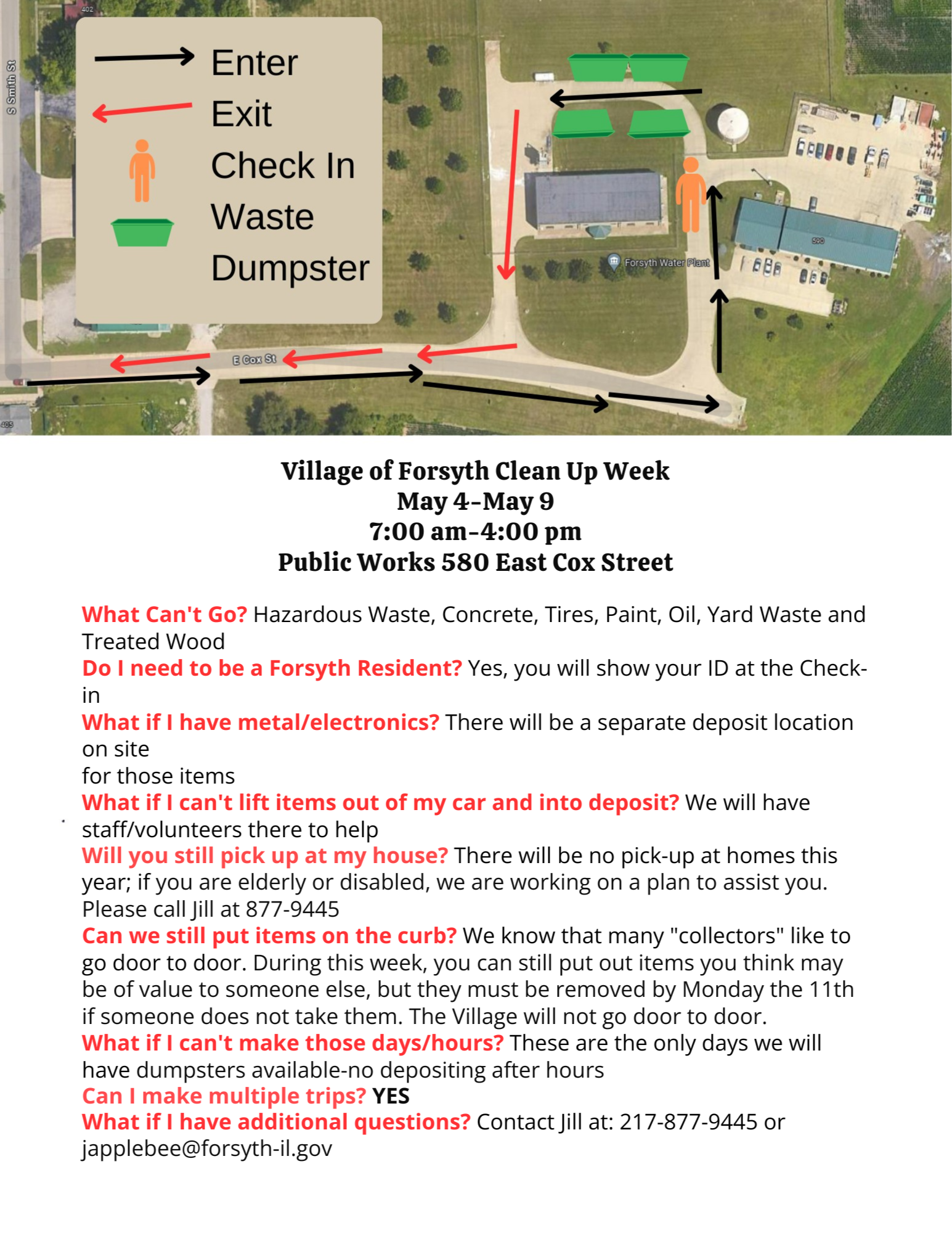 Bird's Eye View of the Location of Entry, Exit, Check in, Waste Dumpster at Public Works Building for Clean Up Days