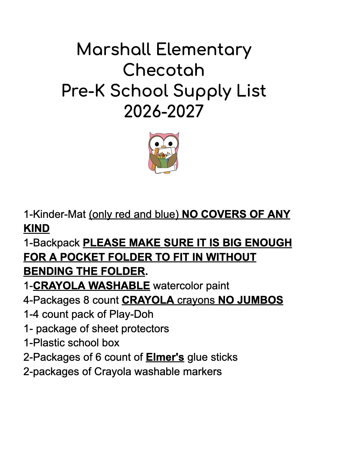 Pre-K Supply List