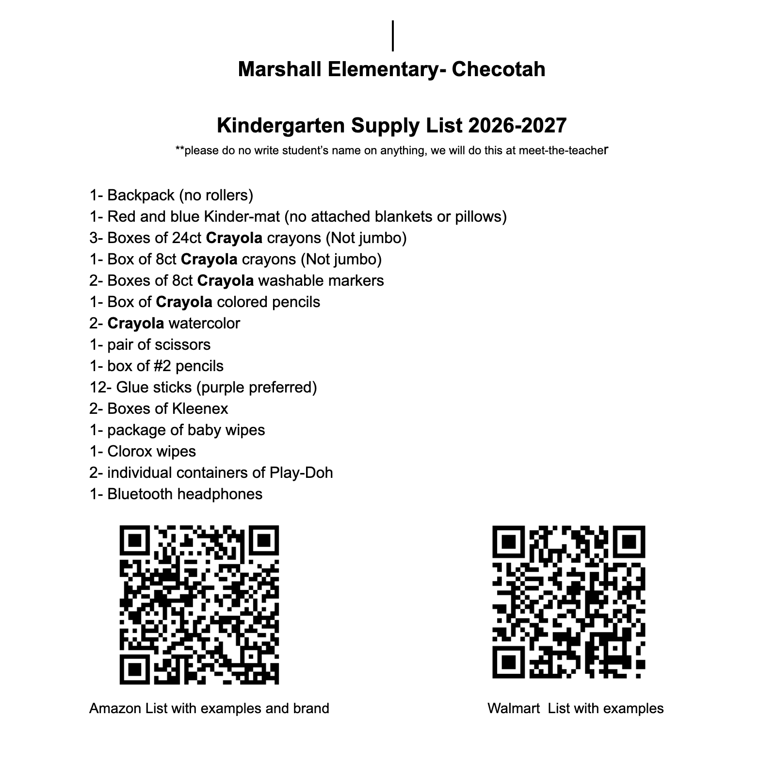 Kindergarten Supply List