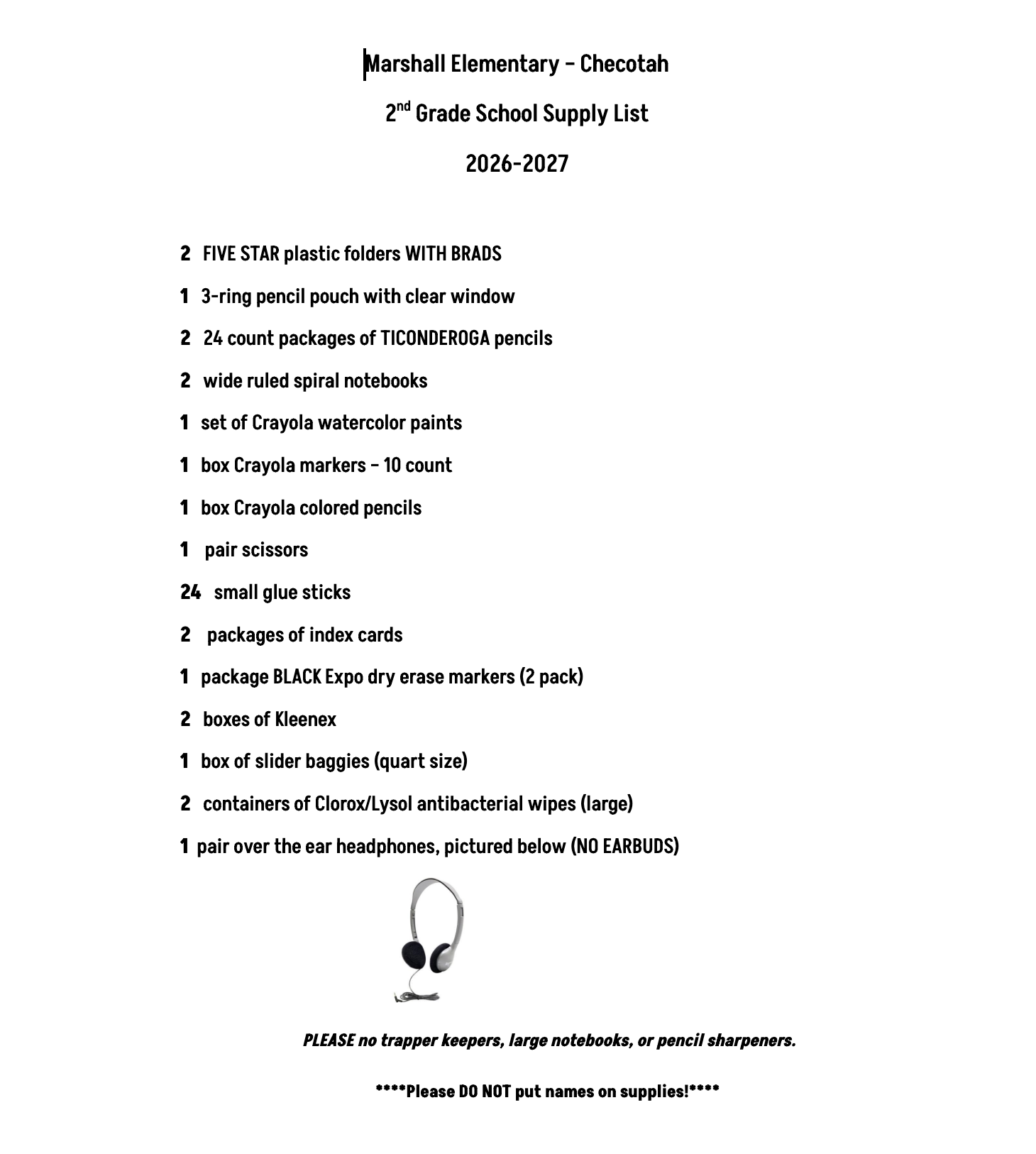 2nd Grade Supply List