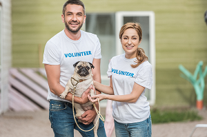 A man and woman in volunteer shirts happily pose with a friendly dog, showcasing their love for community service and animals.