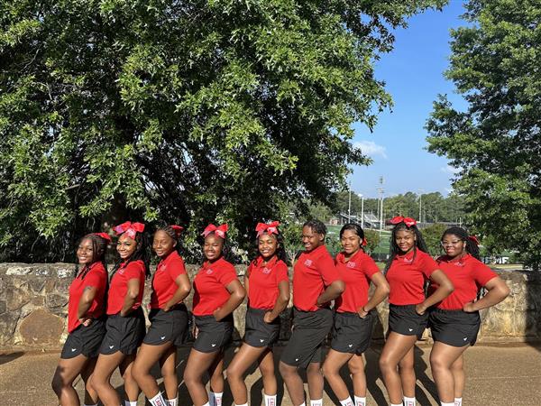 A cheerleading team posing in matching red and white uniforms.