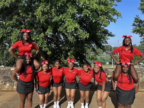 A group of young cheerleaders posing together, proudly wearing their school's sports uniforms.