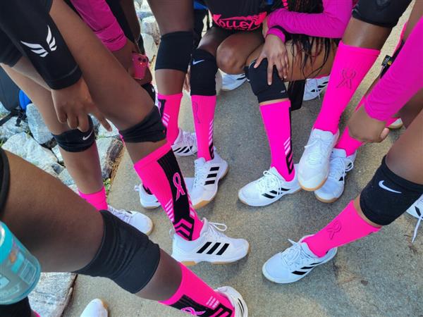 Sports team posing with their pink and white uniforms.