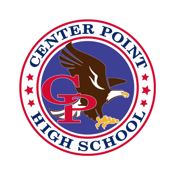 Center Point High School Logo, It is shaped in a circle. The center features an eagle with a red "CP" on top of it with a blue background. Around the edge of the circle it says Center Point High School with 3 stars on each side.