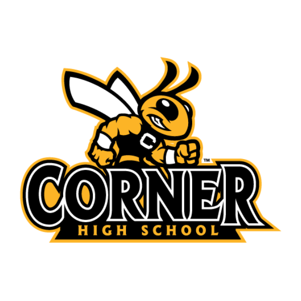 Corner High School Logo, yellow and black, yellow jacket in the background