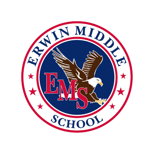 Erwin Middle School Logo, Eagle in the center with navy blue in the background, Red letters EMS