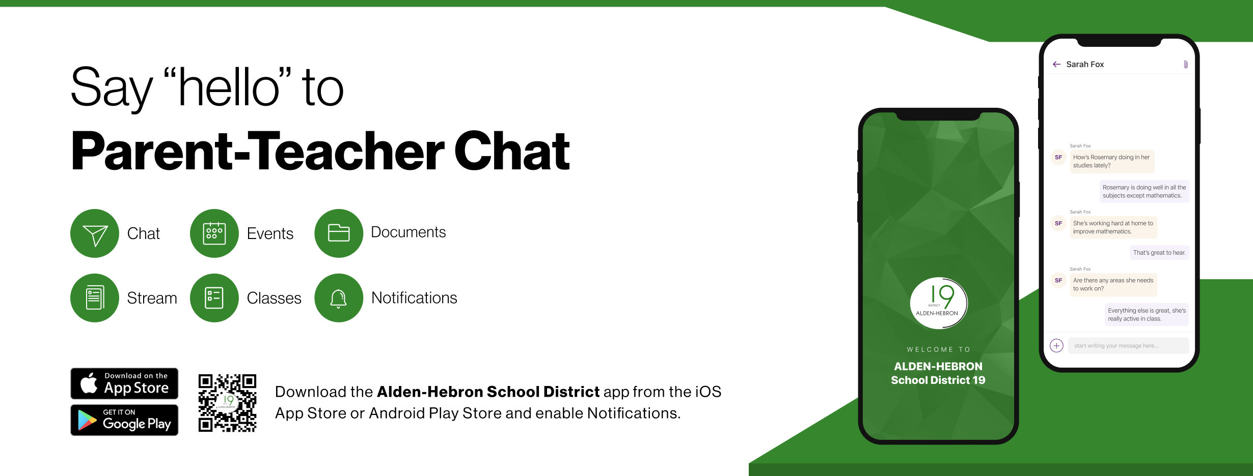 Say hello to Parent-Teacher chat in the new Rooms app. Download the (school name) app in the Google Play or Apple App store