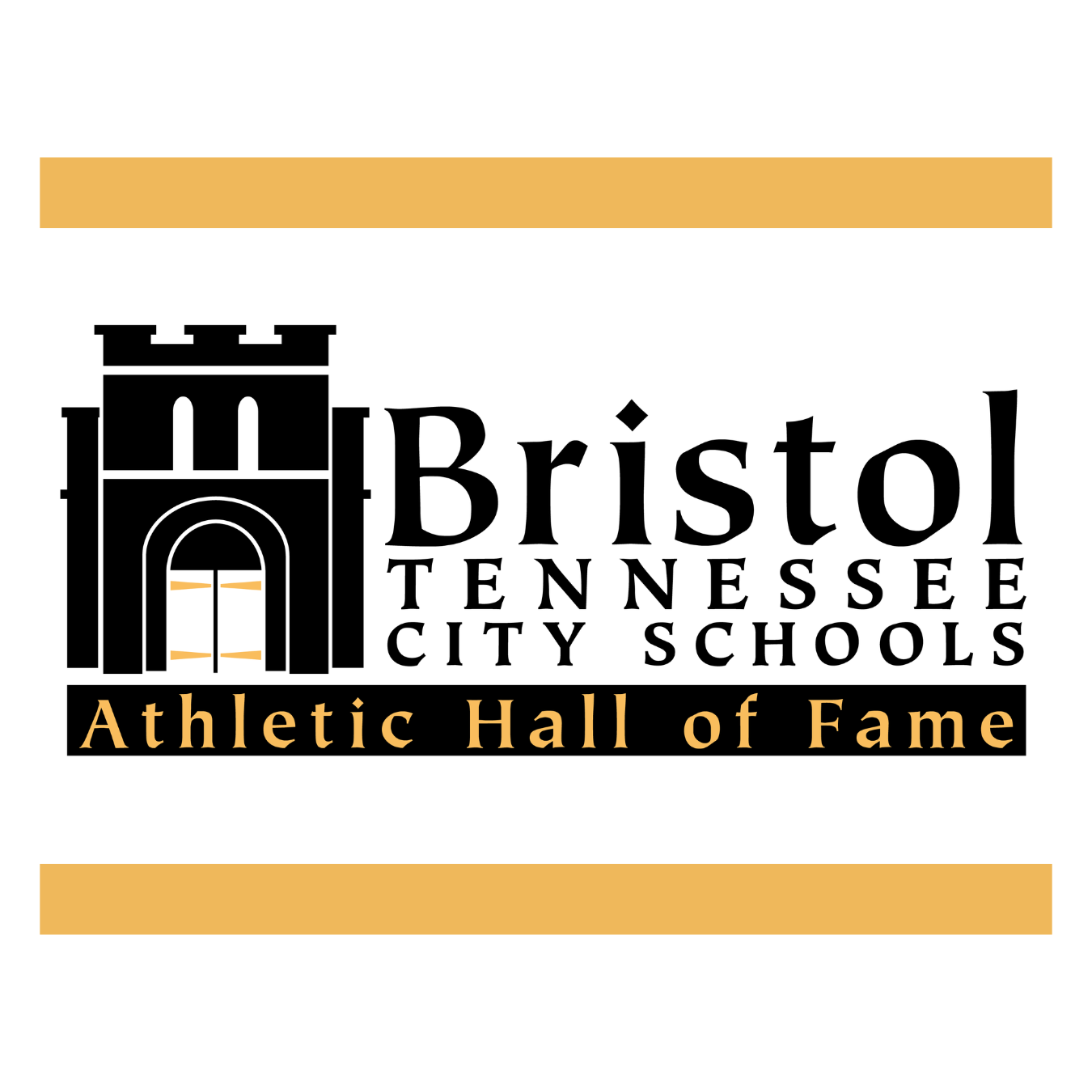 Bristol Tennessee City Schools Athletic Hall of Fame logo with castle image and a thick gold line above and below the logo