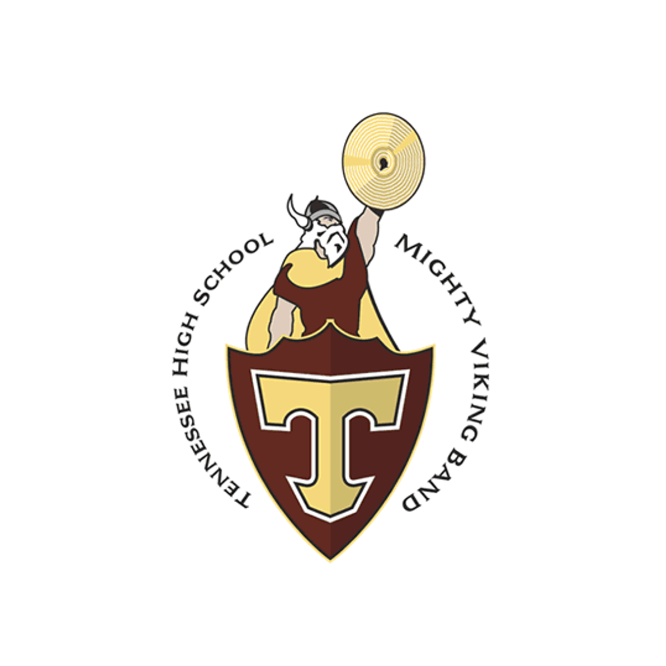 Tennessee High School Mighty Viking Band Logo-Shield with a T and Viking holding a cymbal