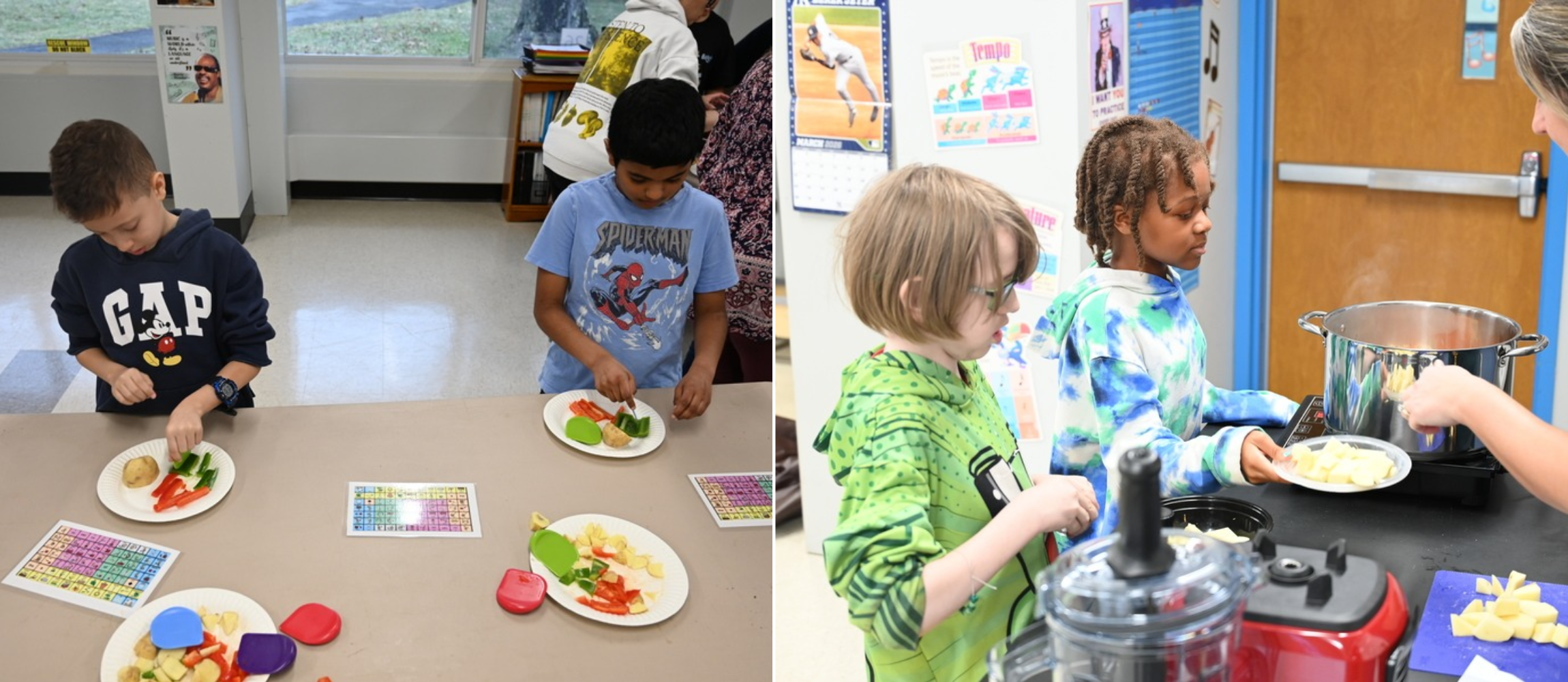 Two students cutting veggies and two students waiting for soup 