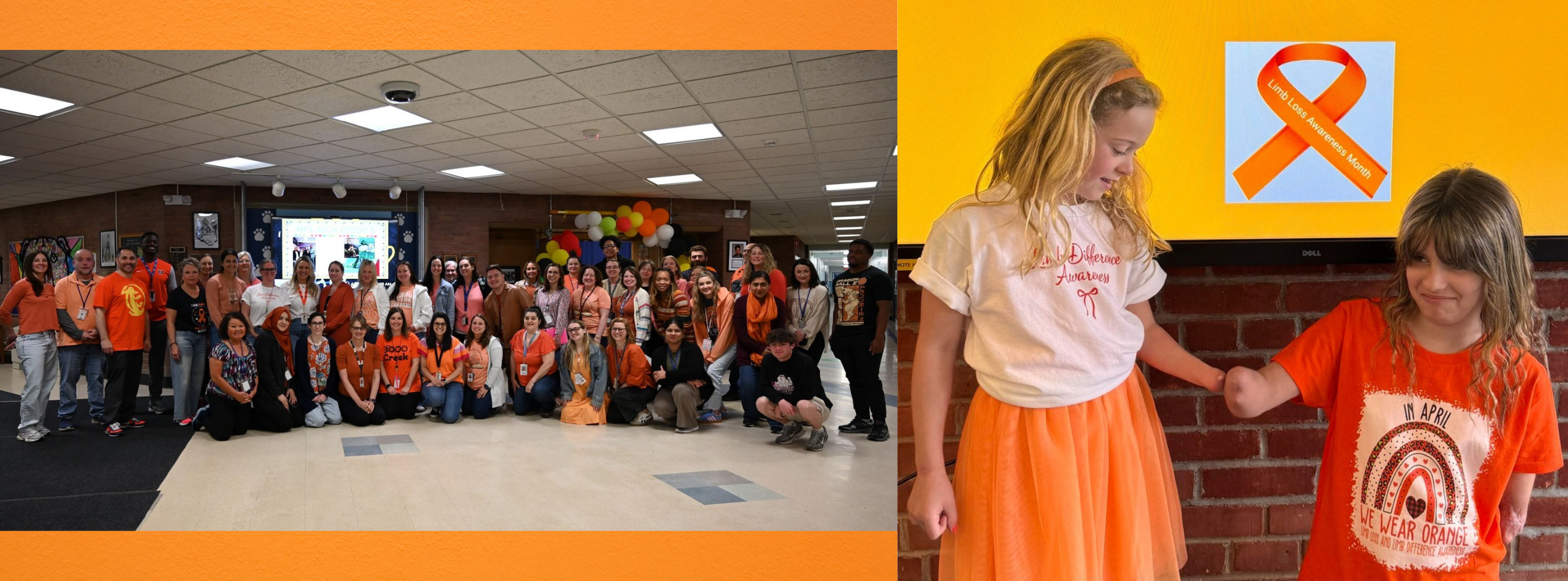 A group photo of faculty wearing orange and two student wearing orange to recognize Limb Difference Awareness Month.