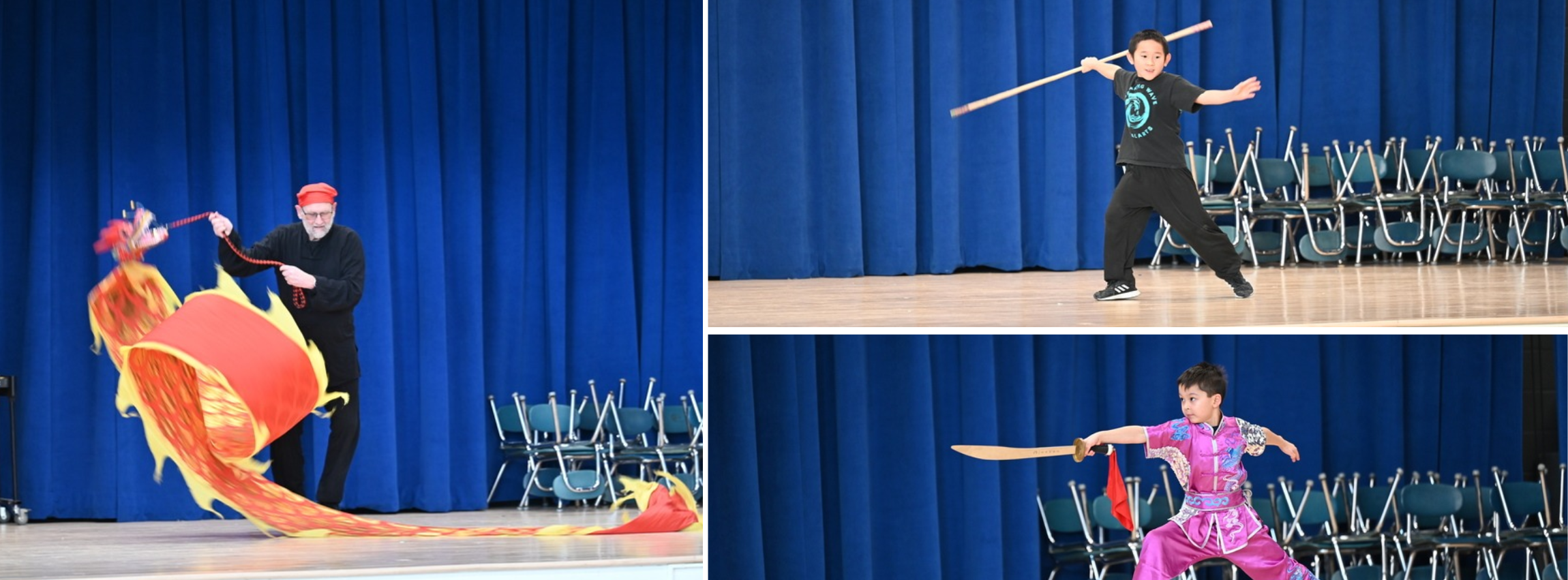 Man performing Dragon Dance, Children performing dances 